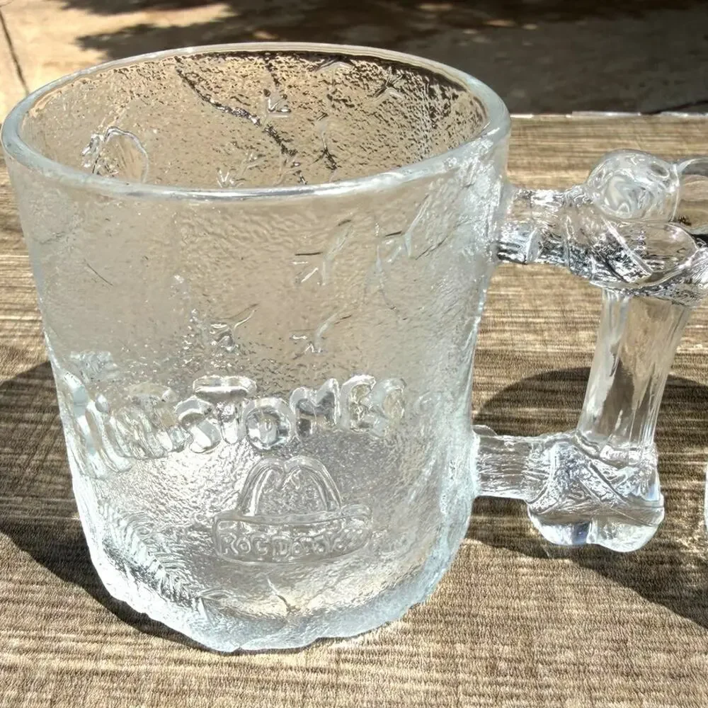 Vintage 1993 McDonalds Flintstones RocDonalds Glass Mugs Bone Handle-Set of 2